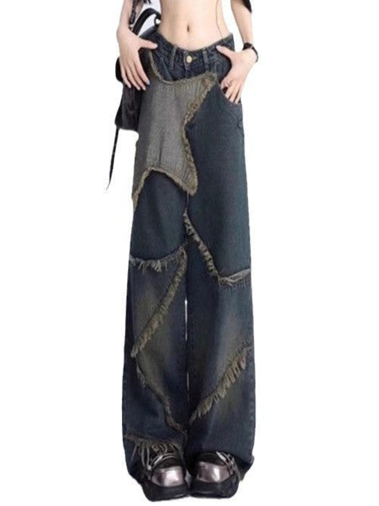 Distressed Star-Patch Y2K Jeans – Raw Chaos Streetwear