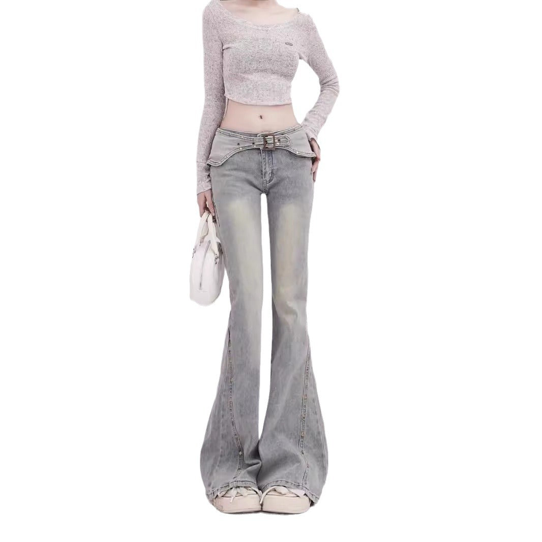 Y2K Low Waist Flare Jeans -Double Belt