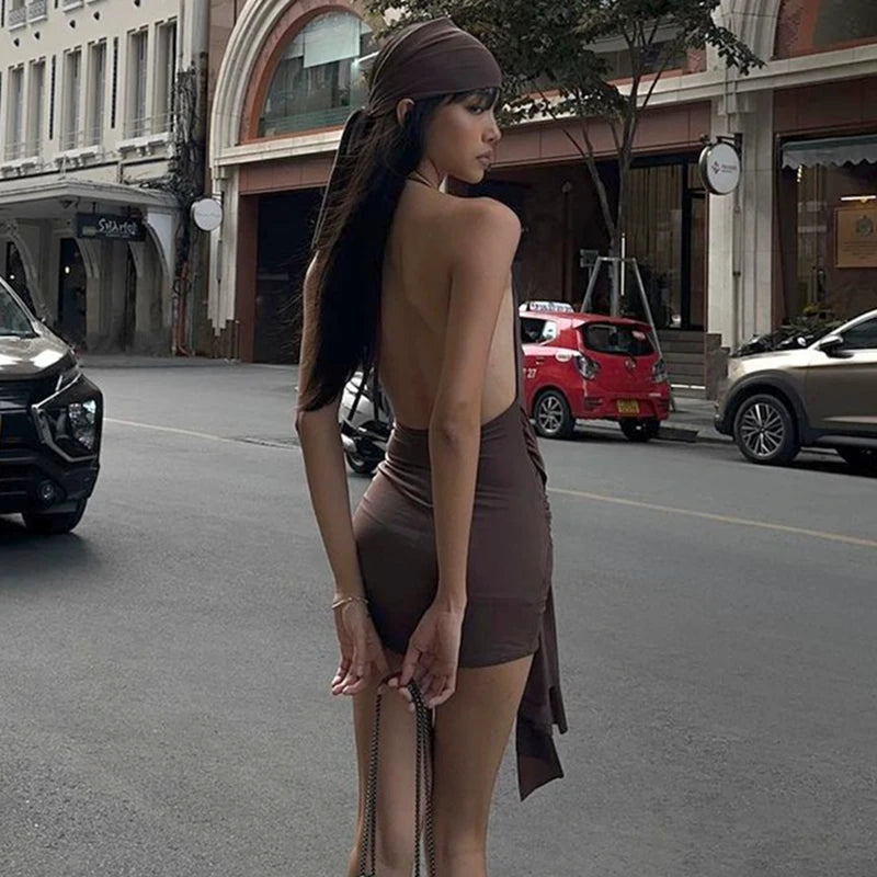 Vintage Brown Low-cut Dress Y2K