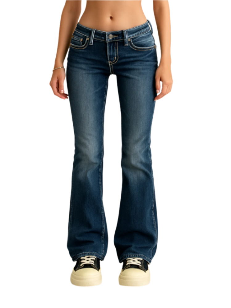Blue jeans worn by a person on a white background