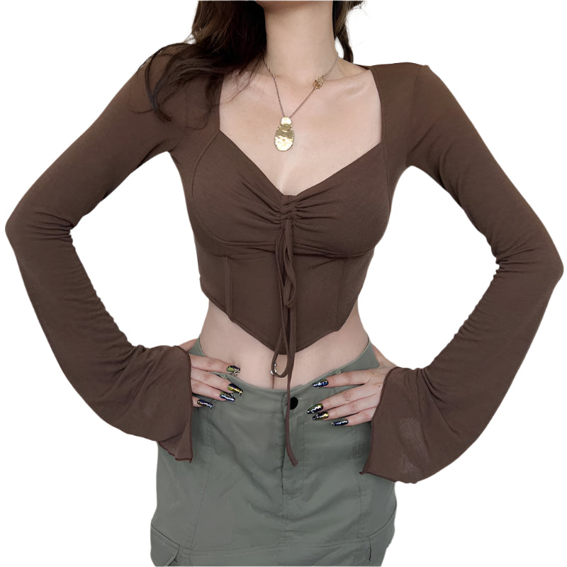 Bell Sleeve Ruched Crop Top – Brown