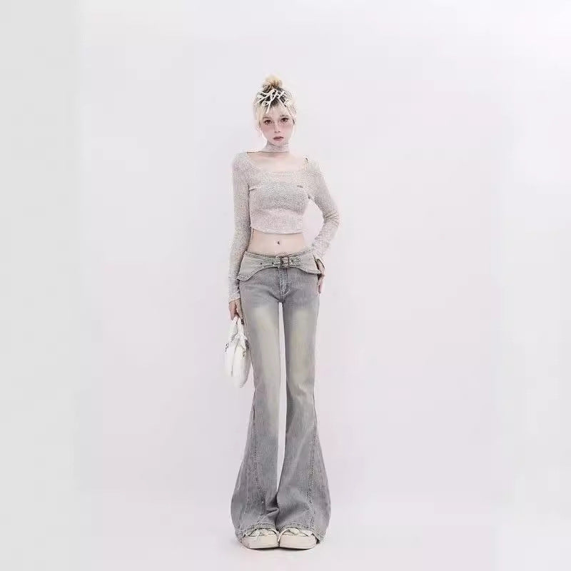 Y2K Low Waist Flare Jeans -Double Belt