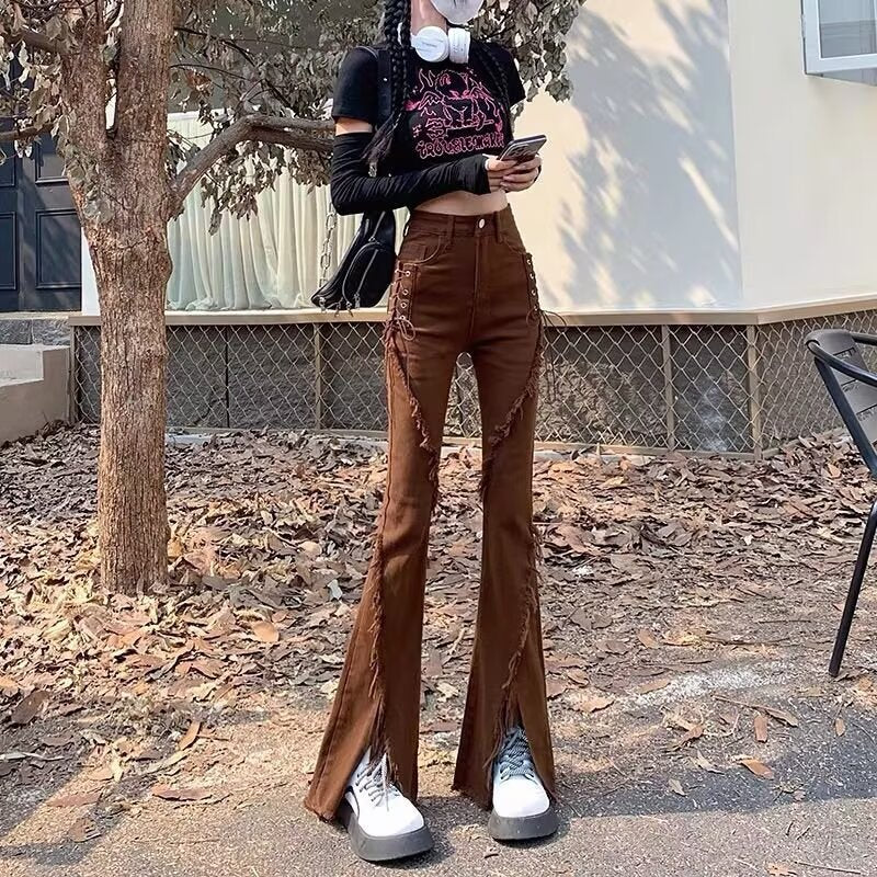 Diagonal Distressed Flare Jeans