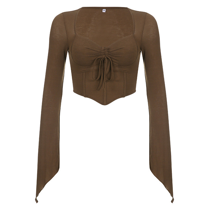 Bell Sleeve Ruched Crop Top – Brown