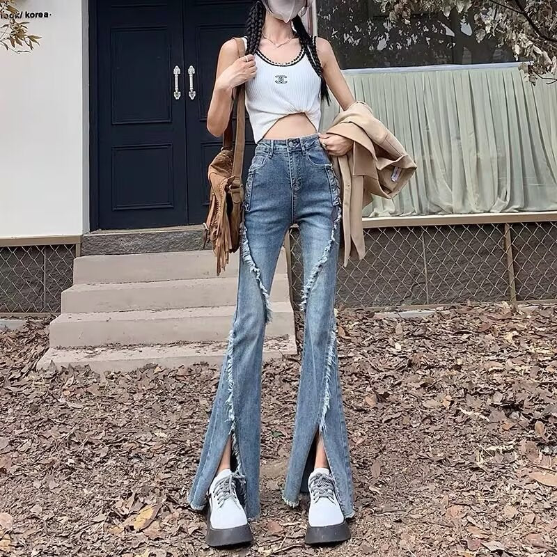 Diagonal Distressed Flare Jeans