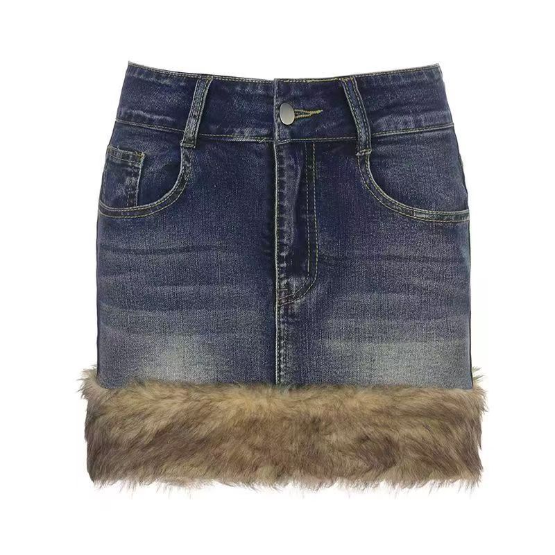 Fur Trim Denim Mini Skirt