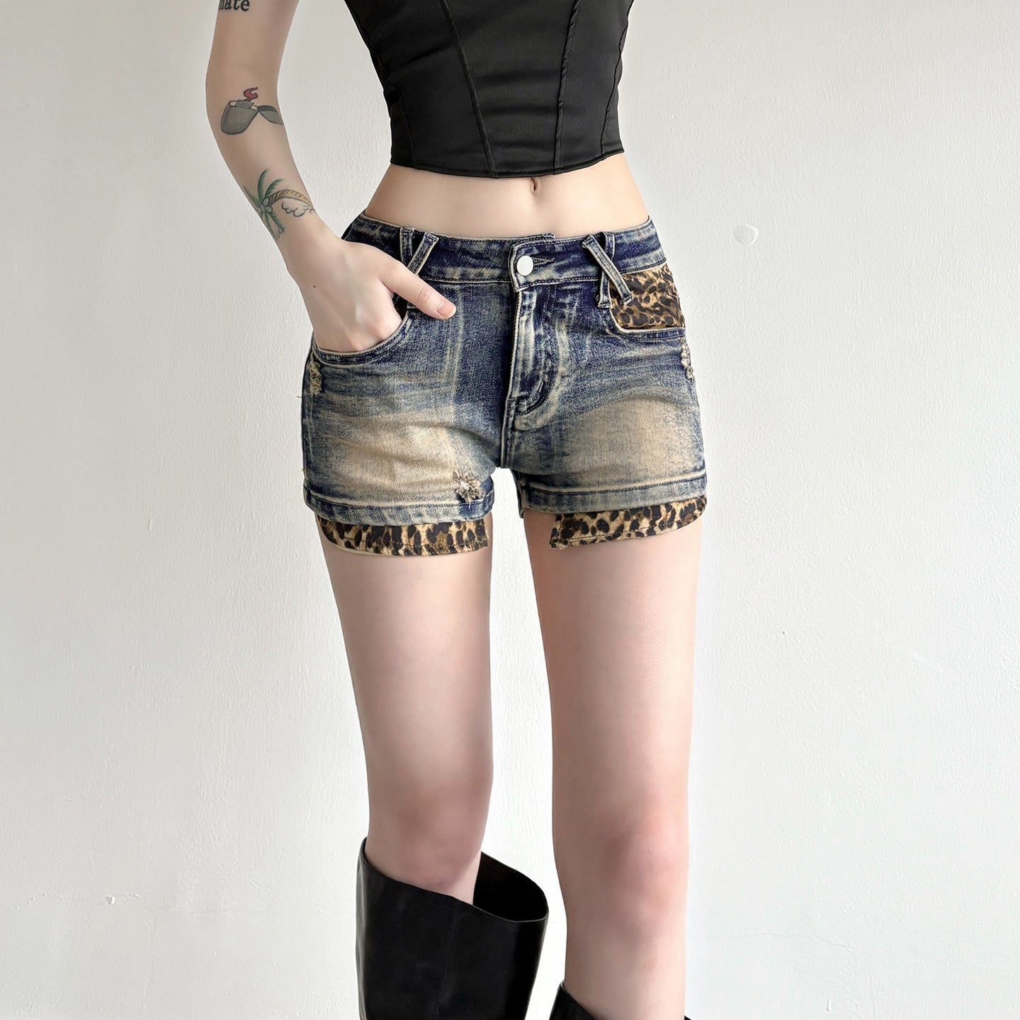 Y2K Leopard Denim Shorts