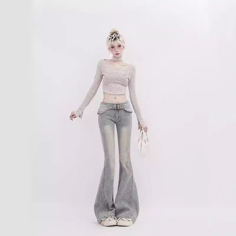 Y2K Low Waist Flare Jeans -Double Belt