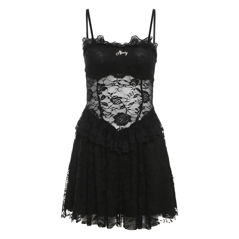 Lace Patchwork Sheer Black Mini Dress