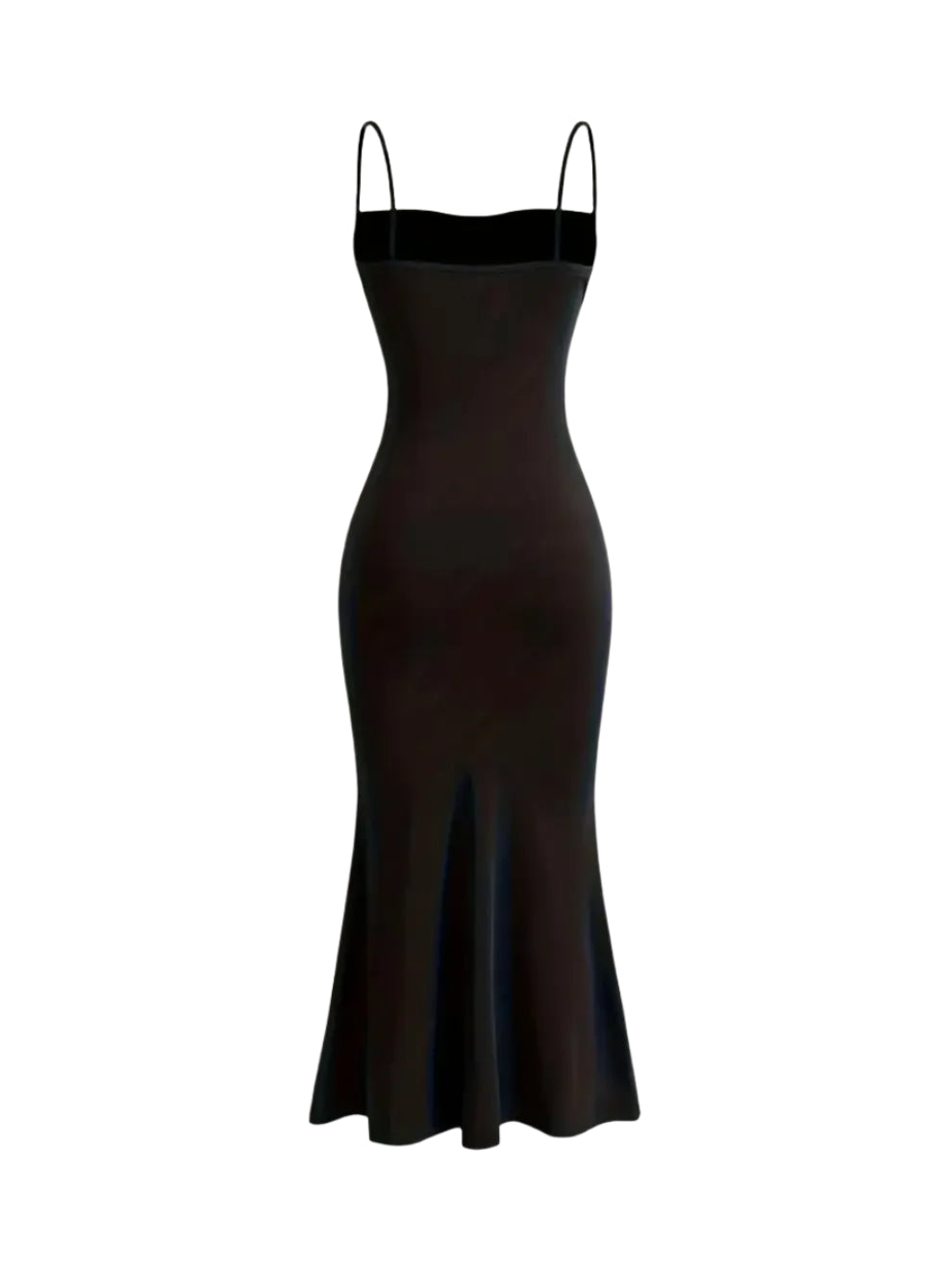Black slip dress on a light pink background