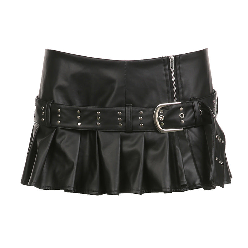 Black Pleated Leather Mini Skirt