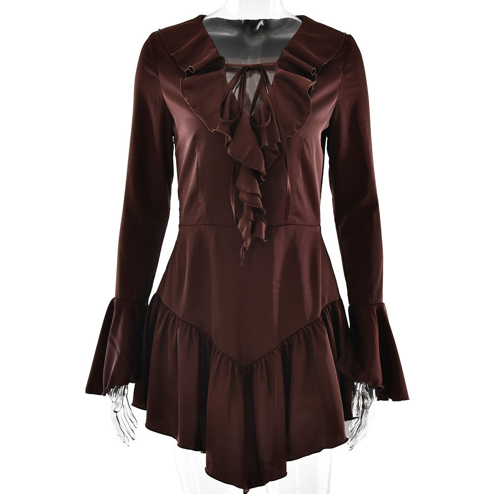 Glossy Ruffle V-Neck Dress – Soft Statement Look