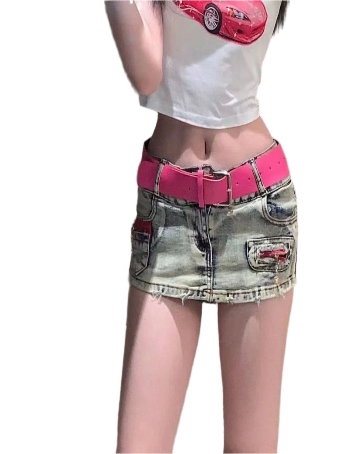 Pink Belt Y2K Distressed Mini Skirt