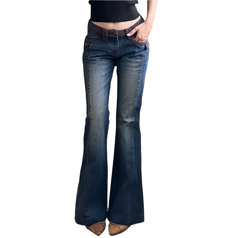 Person wearing blue flared jeans standing in a room with shoes on a shelf.