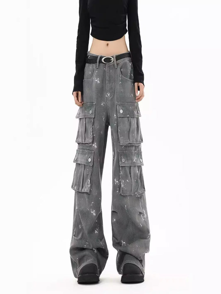 Y2K Multi-Pocket Cargo Jeans – Washed Gray Streetwear Pants for Women