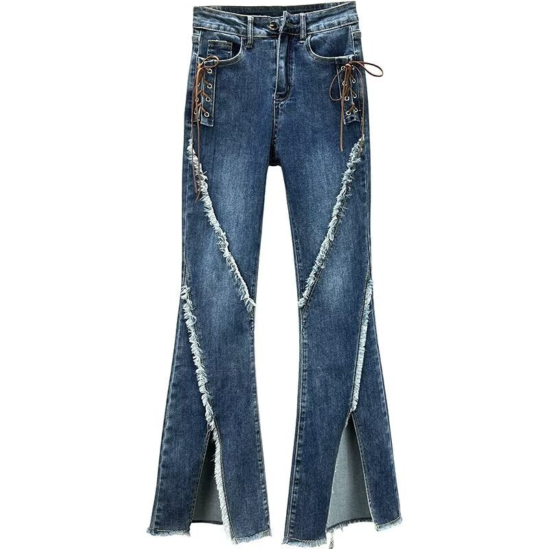 Diagonal Distressed Flare Jeans