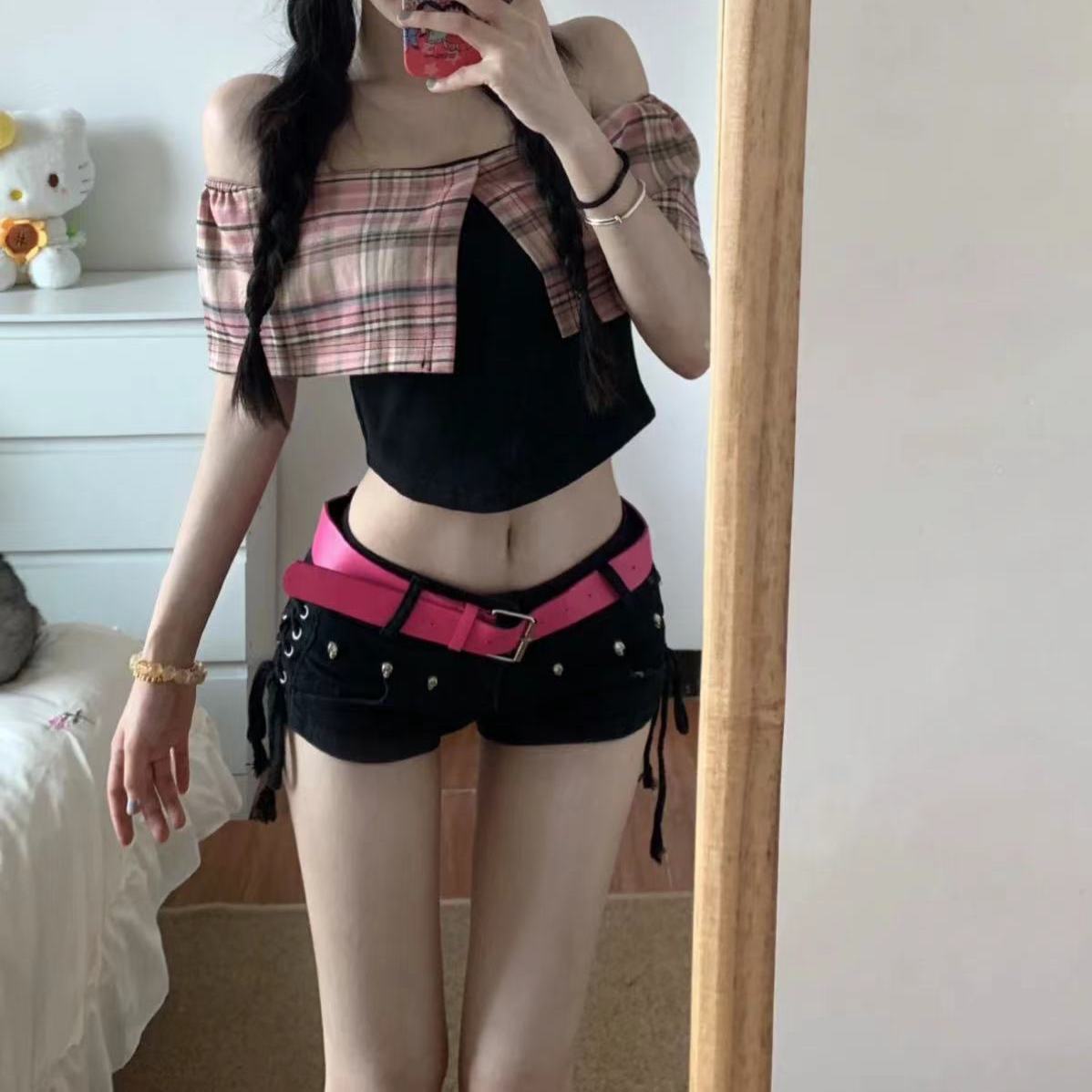 Y2K Black Strap Denim Shorts