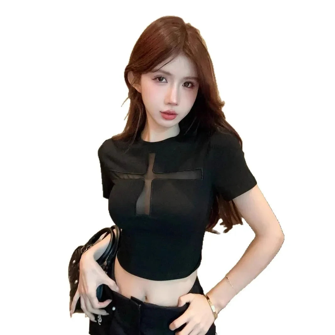 Black Mesh Cross -Crop Top