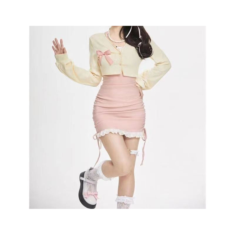 Sweet Ruched Skirt + Cardigan Set – Soft Girl Vibe