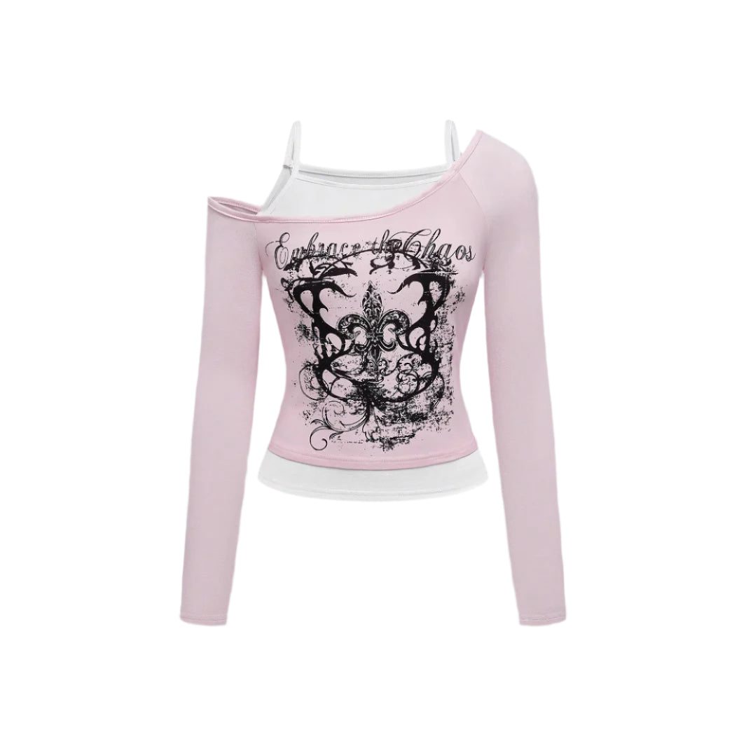 Pink long-sleeve top with black graphic design on a gray background