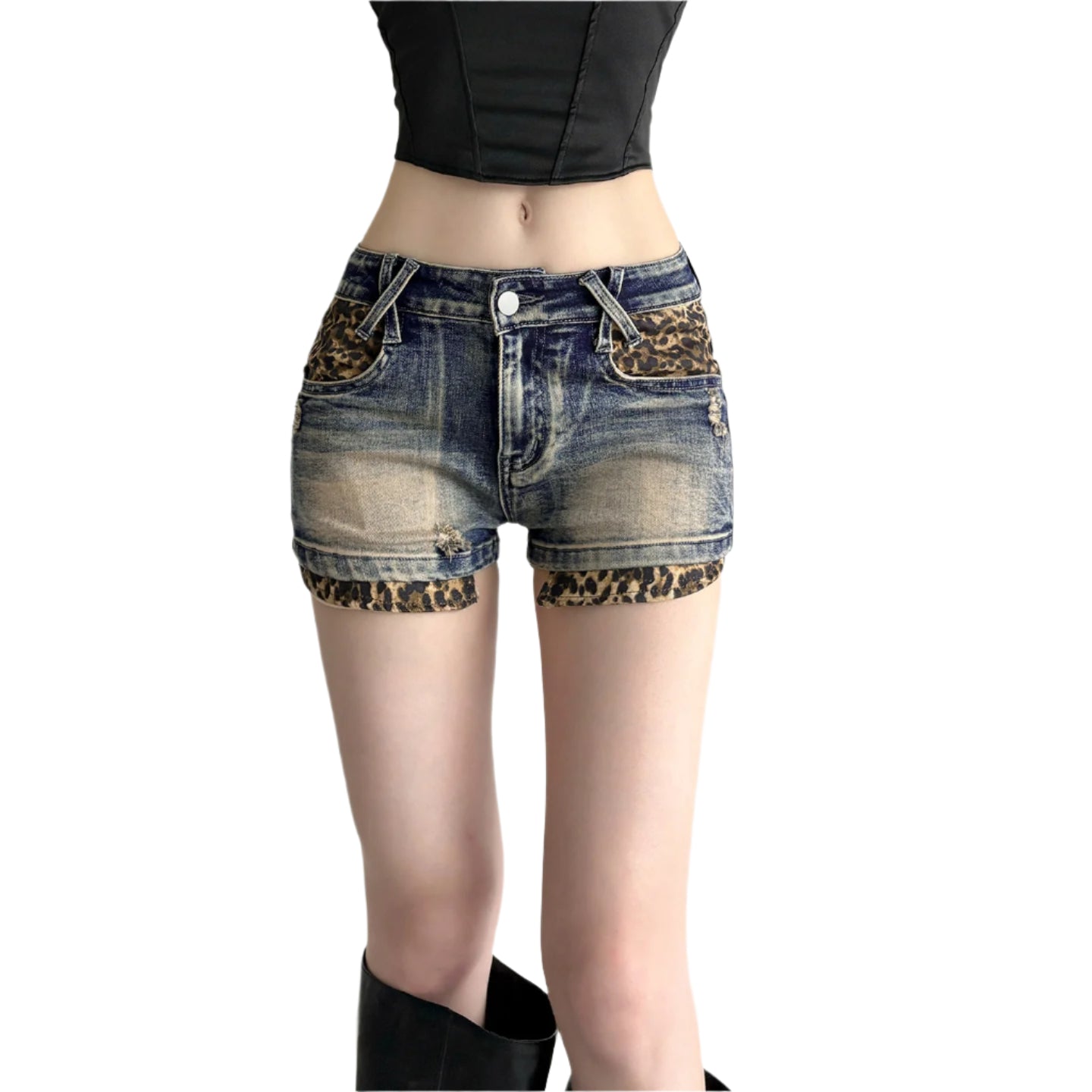 Denim shorts with leopard print accents on a plain background