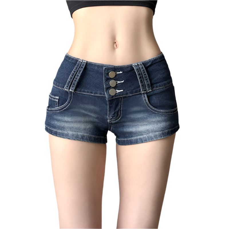 Denim shorts with button details on a neutral background
